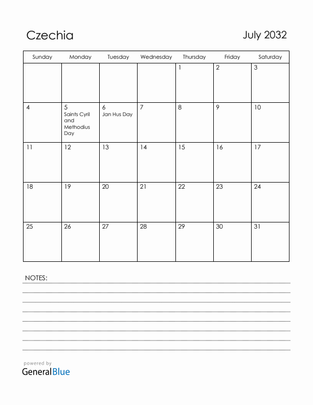 July 2032 Czechia Calendar with Holidays (Sunday Start)