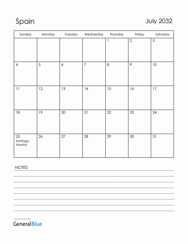July 2032 Spain Calendar with Holidays (Sunday Start)