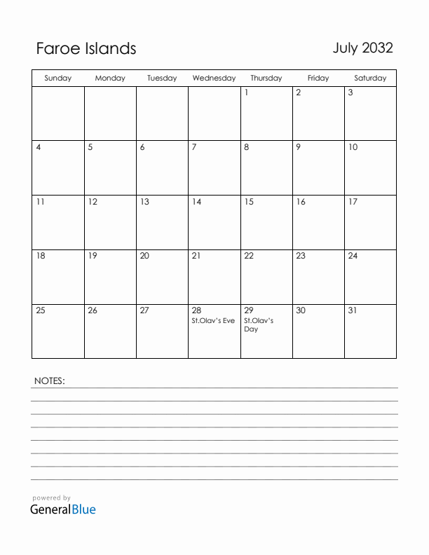 July 2032 Faroe Islands Calendar with Holidays (Sunday Start)