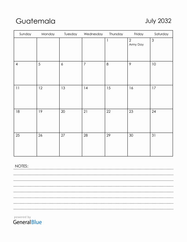July 2032 Guatemala Calendar with Holidays (Sunday Start)