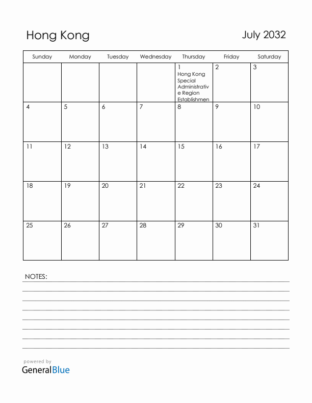 July 2032 Hong Kong Calendar with Holidays (Sunday Start)