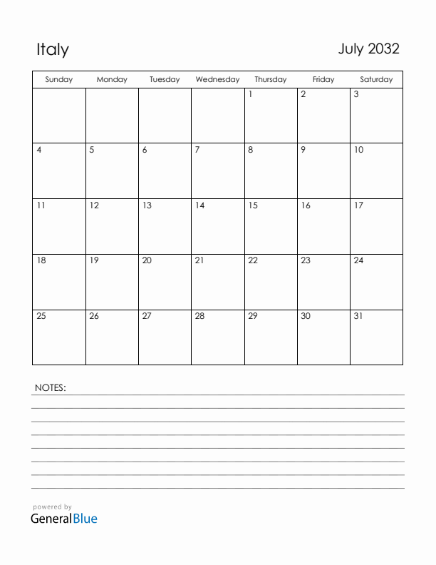 July 2032 Italy Calendar with Holidays (Sunday Start)