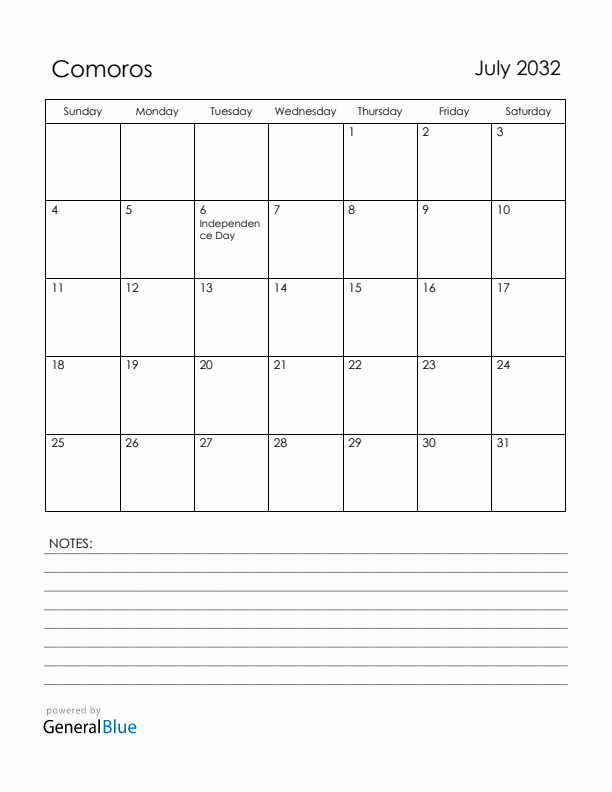July 2032 Comoros Calendar with Holidays (Sunday Start)