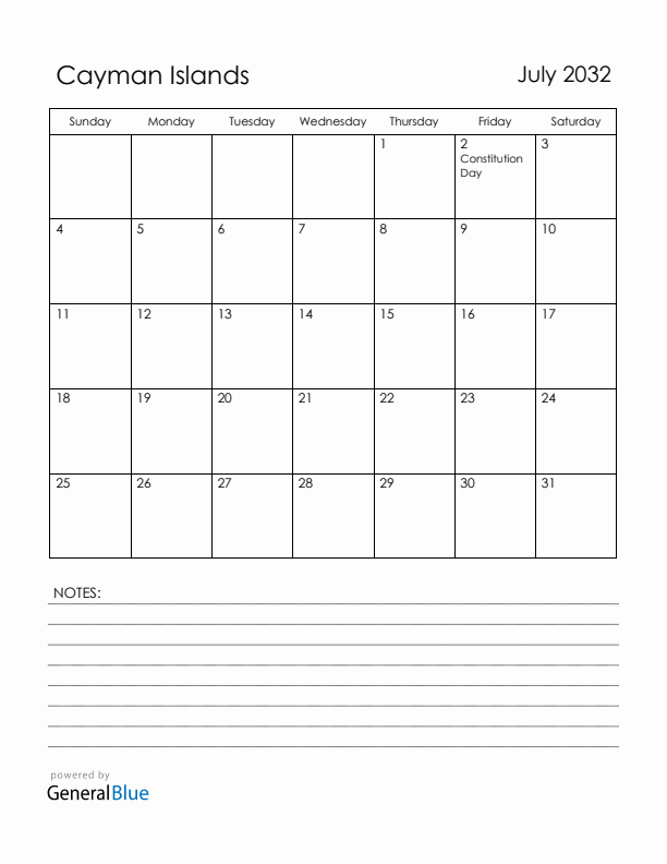 July 2032 Cayman Islands Calendar with Holidays (Sunday Start)