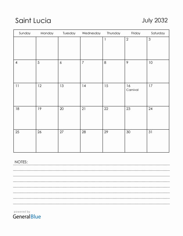 July 2032 Saint Lucia Calendar with Holidays (Sunday Start)