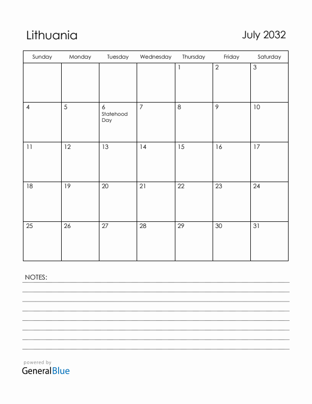 July 2032 Lithuania Calendar with Holidays (Sunday Start)