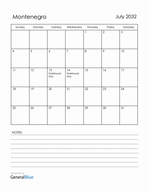July 2032 Montenegro Calendar with Holidays (Sunday Start)