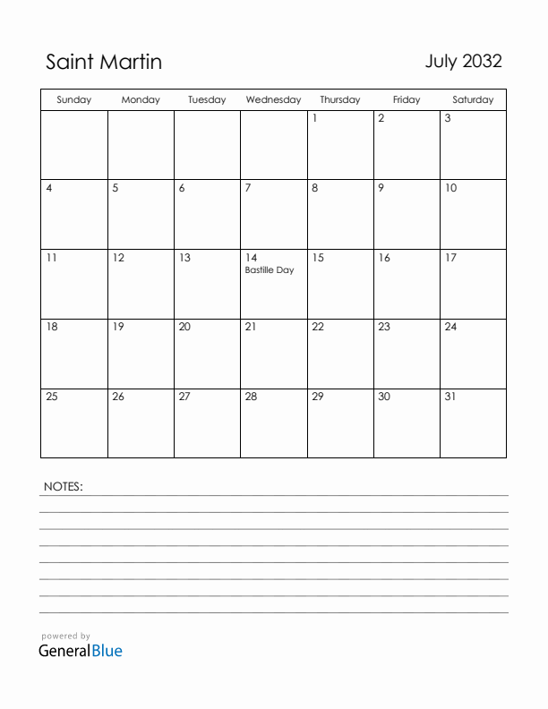 July 2032 Saint Martin Calendar with Holidays (Sunday Start)