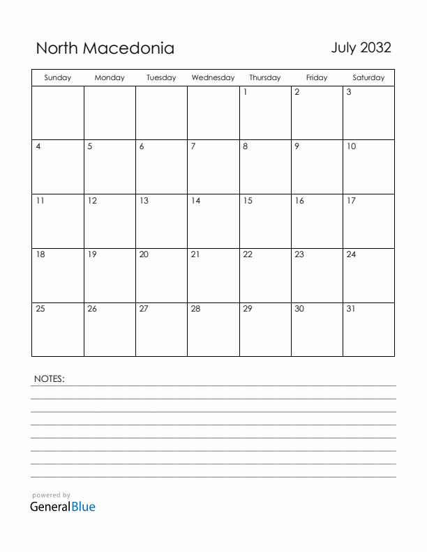 July 2032 North Macedonia Calendar with Holidays (Sunday Start)