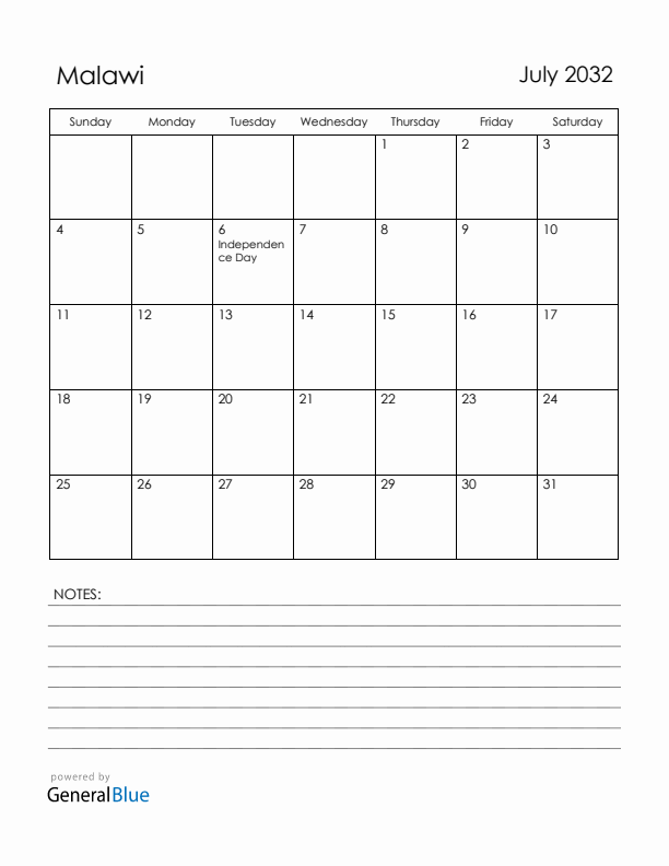 July 2032 Malawi Calendar with Holidays (Sunday Start)