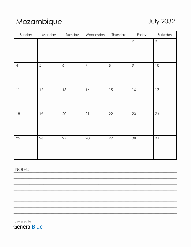 July 2032 Mozambique Calendar with Holidays (Sunday Start)