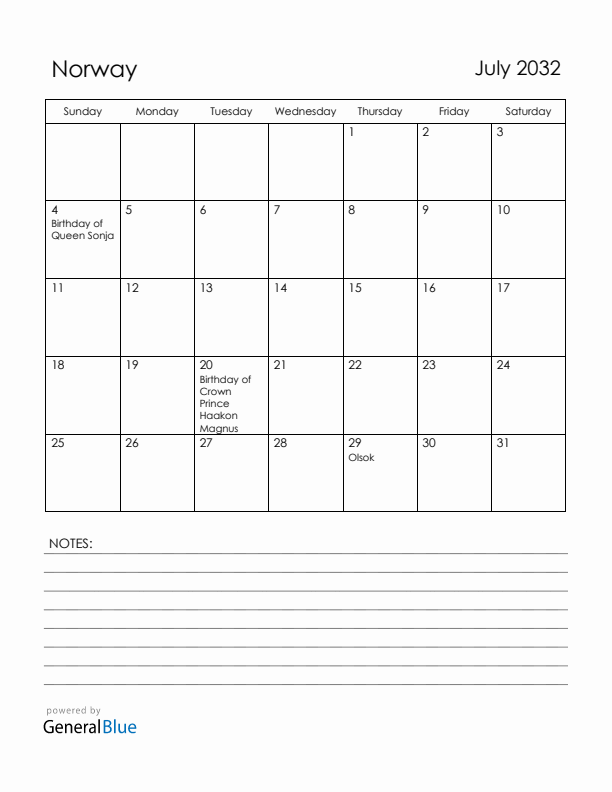 July 2032 Norway Calendar with Holidays (Sunday Start)