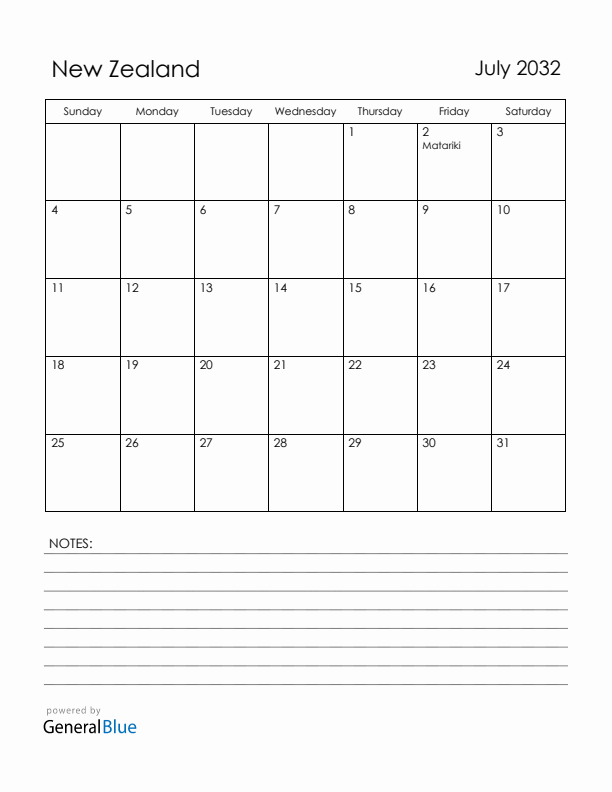 July 2032 New Zealand Calendar with Holidays (Sunday Start)