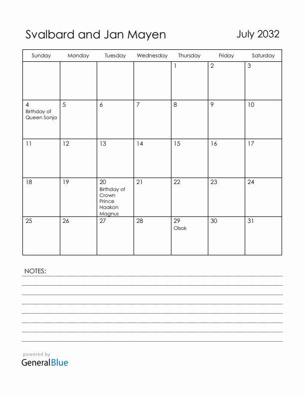 July 2032 Svalbard and Jan Mayen Calendar with Holidays (Sunday Start)