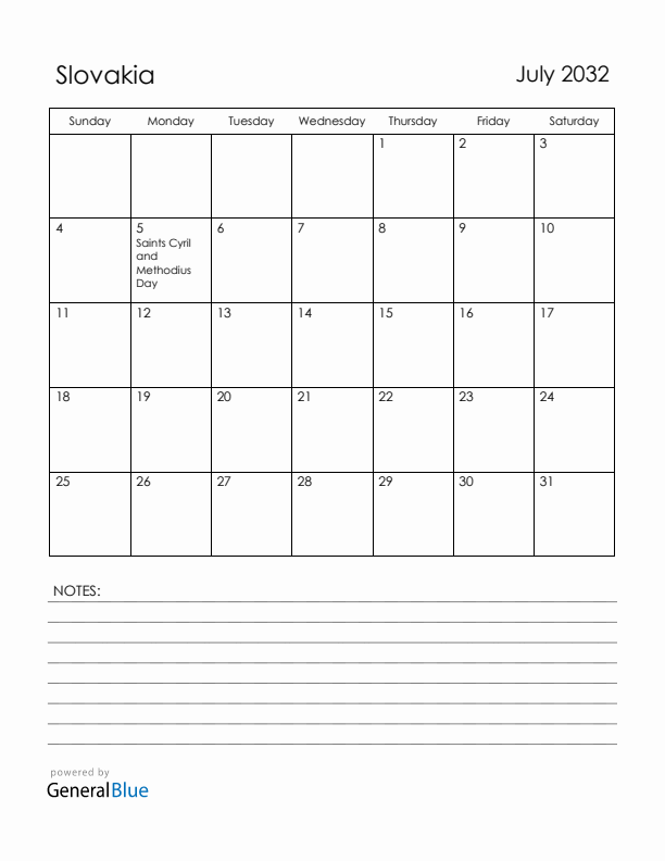 July 2032 Slovakia Calendar with Holidays (Sunday Start)