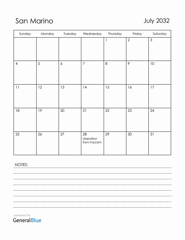 July 2032 San Marino Calendar with Holidays (Sunday Start)