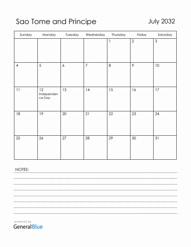 July 2032 Sao Tome and Principe Calendar with Holidays (Sunday Start)