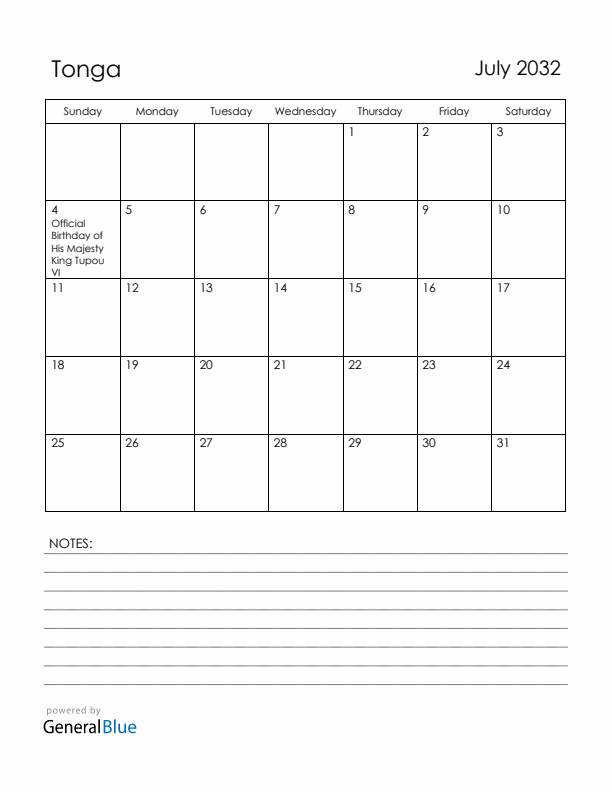 July 2032 Tonga Calendar with Holidays (Sunday Start)