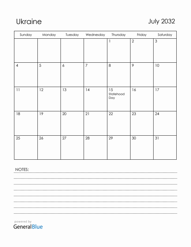 July 2032 Ukraine Calendar with Holidays (Sunday Start)