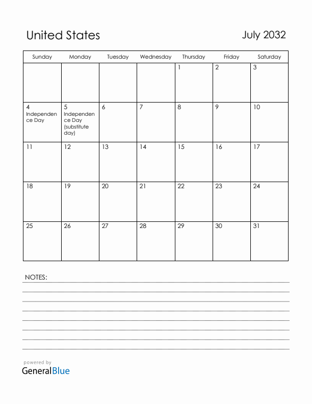 July 2032 United States Calendar with Holidays (Sunday Start)