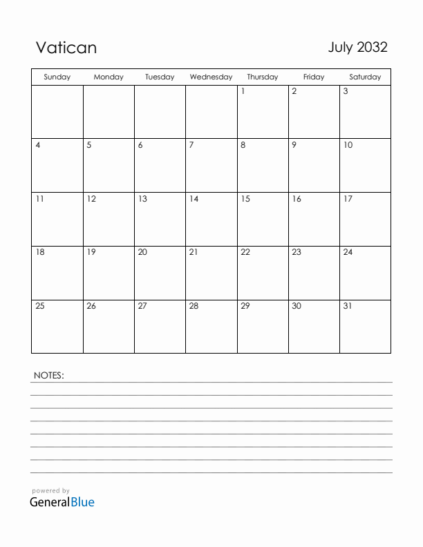 July 2032 Vatican Calendar with Holidays (Sunday Start)