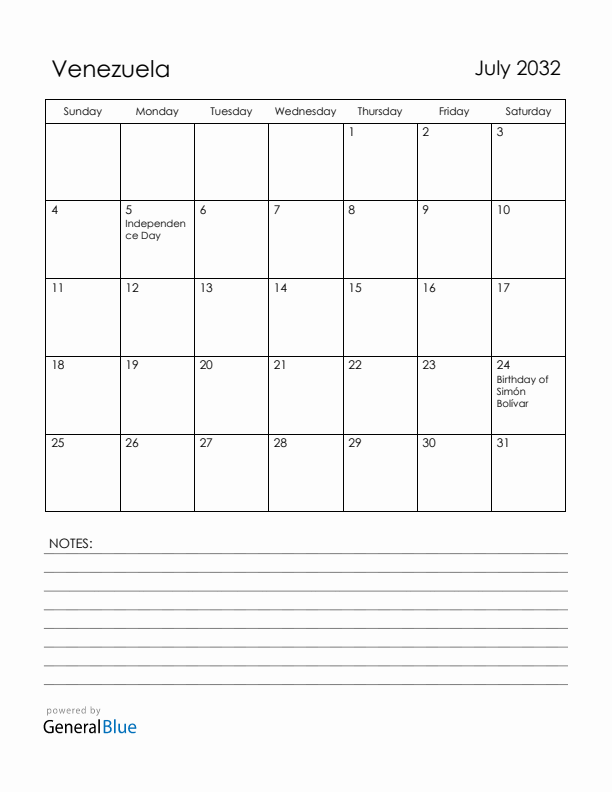 July 2032 Venezuela Calendar with Holidays (Sunday Start)