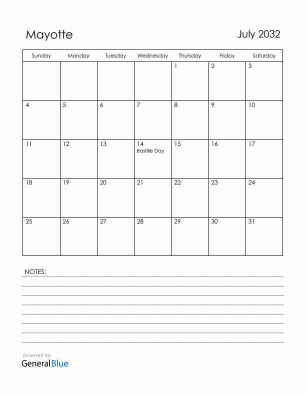 July 2032 Mayotte Calendar with Holidays (Sunday Start)
