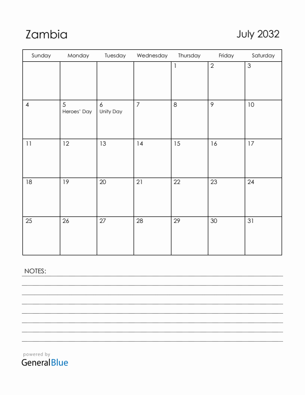 July 2032 Zambia Calendar with Holidays (Sunday Start)