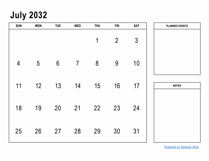 July 2032 Calendar Planner