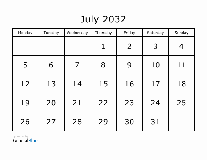 Printable July 2032 Calendar - Monday Start
