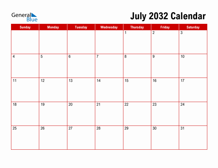 Simple Monthly Calendar - July 2032