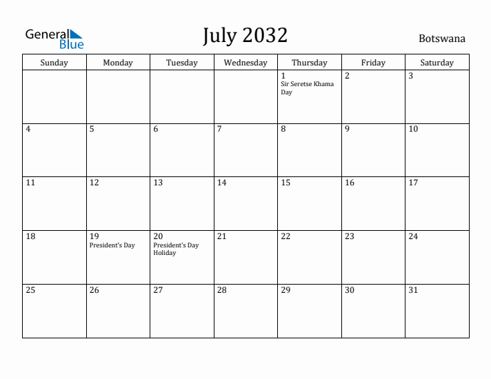 July 2032 Calendar Botswana