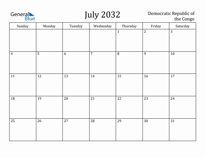 July 2032 Calendar Democratic Republic of the Congo