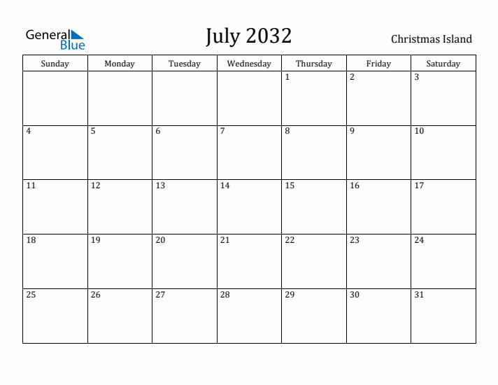 July 2032 Calendar Christmas Island