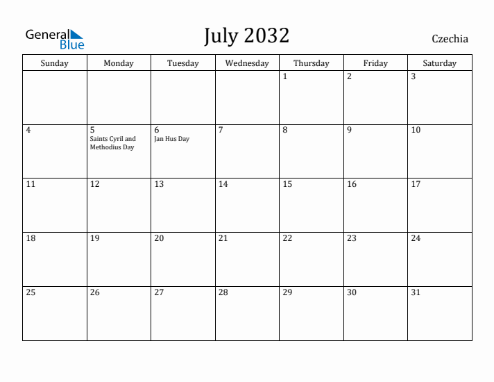 July 2032 Calendar Czechia