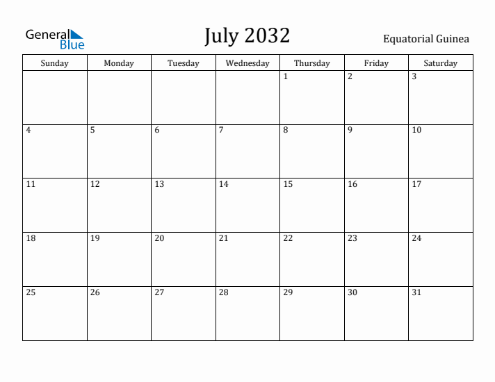 July 2032 Calendar Equatorial Guinea