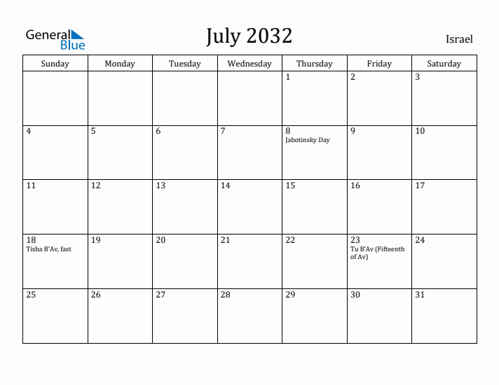 July 2032 Calendar Israel