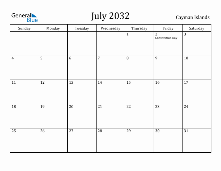 July 2032 Calendar Cayman Islands