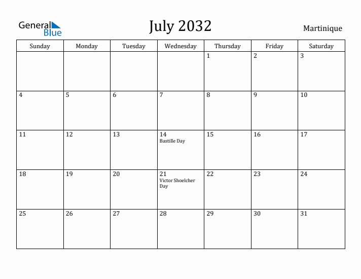 July 2032 Calendar Martinique