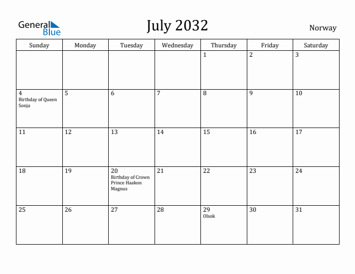 July 2032 Calendar Norway