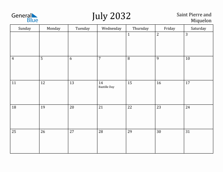 July 2032 Calendar Saint Pierre and Miquelon