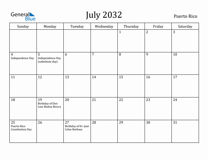July 2032 Calendar Puerto Rico