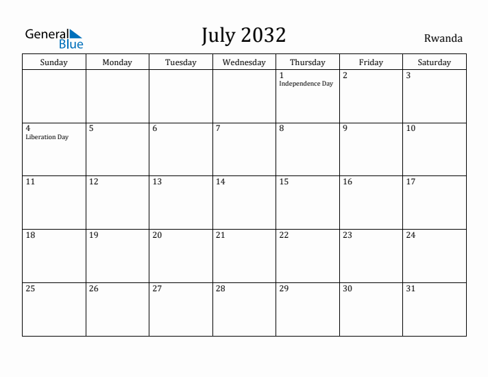 July 2032 Calendar Rwanda