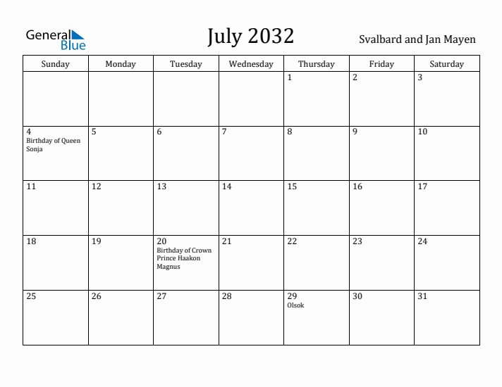July 2032 Calendar Svalbard and Jan Mayen