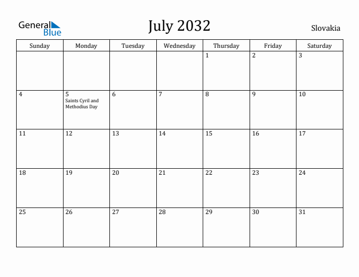 July 2032 Calendar Slovakia