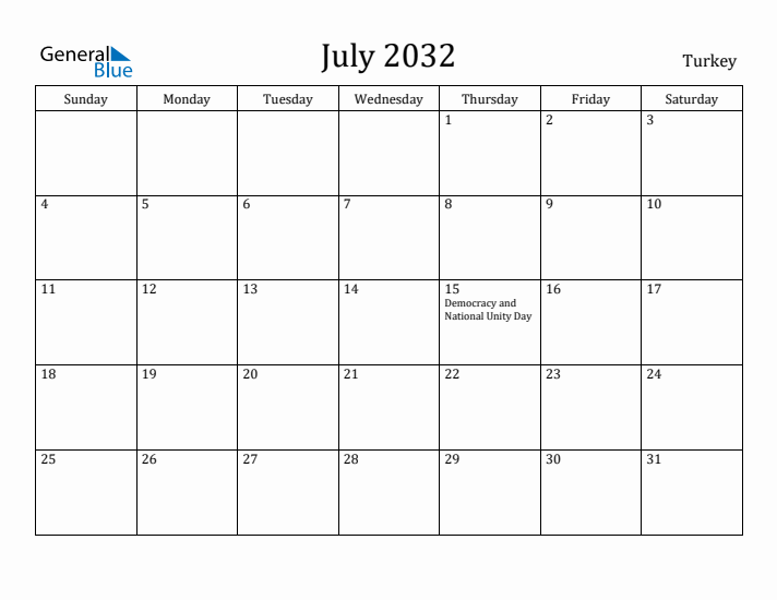July 2032 Calendar Turkey
