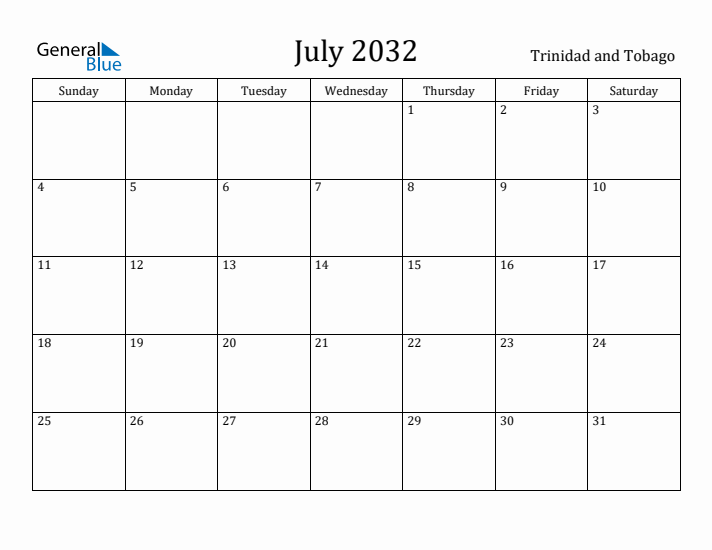 July 2032 Calendar Trinidad and Tobago