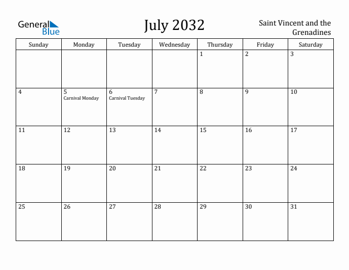 July 2032 Calendar Saint Vincent and the Grenadines