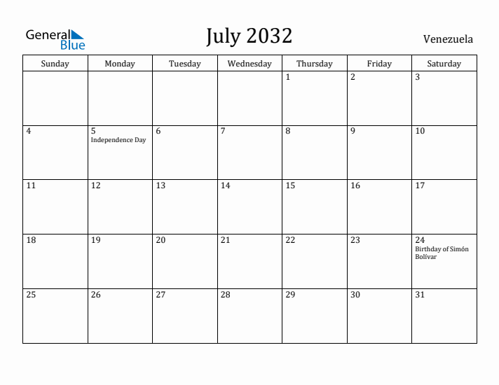 July 2032 Calendar Venezuela