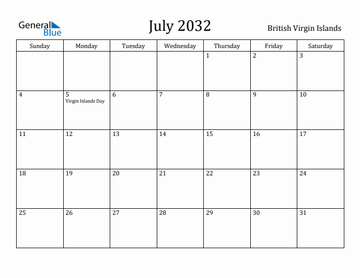 July 2032 Calendar British Virgin Islands